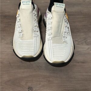 Steve Madden White Knit Sneakers with Black Trim and Yellow Heel Accent